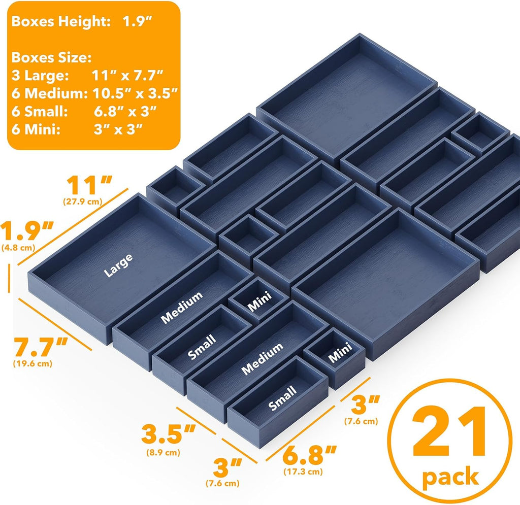 SpaceAid 21-Piece Bamboo Drawer Organizer Storage Boxes Set, Wood Tray Junk Drawer Organizers Multi-Use Divider Bins for Kitchen, Bathroom, Office Desk and Makeup Organization (21 Pack, Navy Blue)