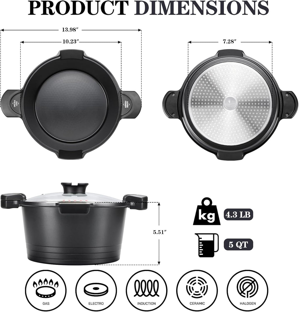 ACTIV CUISINE 5qt Pasta Pot with Strainer Lid, Cast Aluminum Stockpot Multipot, Nonstick Ceramic Coating make Cleanup easy with Tempered Glass Lid, Dishwasher Safe, Induction, Black