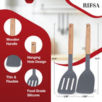 Pack of 2 Silicone Spatula, Non Stick Slotted Spatulas with Wooden Handle, Ideal Wood Kitchen Utensils Set for Frying, Baking, Flipping & Turning, Heat Resistant Silicone Turner for Non Stick Cookware