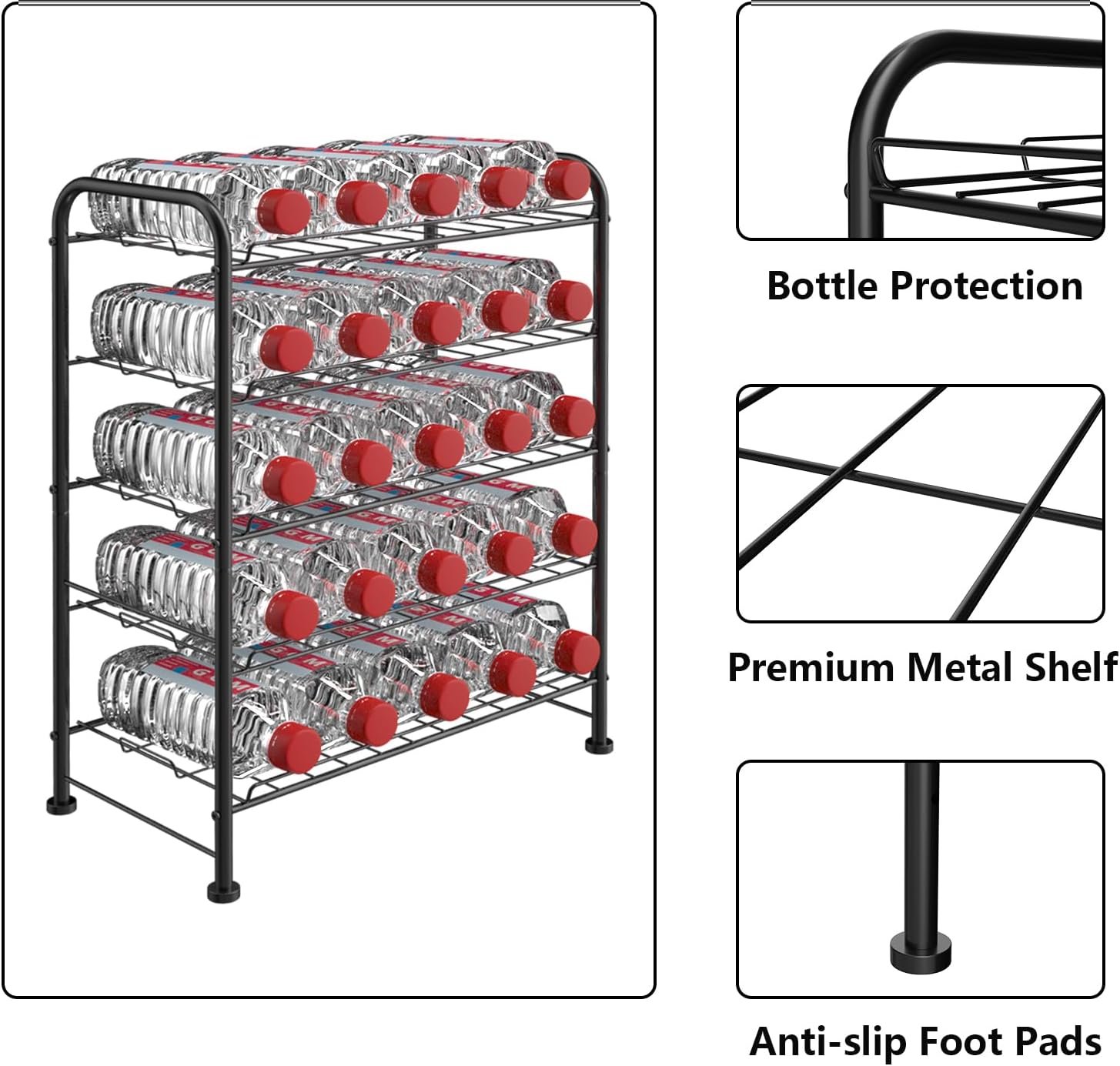 Water Bottle Organizer 5 Tier FreeStanding Water Bottle Storage Rack Metal Beverage Can Dispenser for Pantry, Kitchen Cabinet Countertop, Black