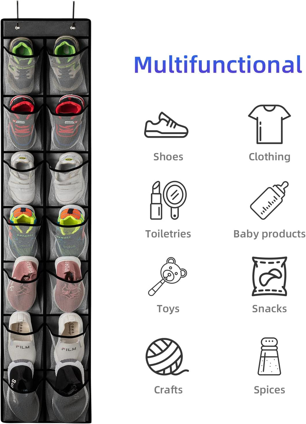 KEEPJOY Over the Door Shoe Organizer, Hanging Shoe Organizer with 4 Hooks,Door Shoe Holder with 14 Mesh Deep Pockets Closet Door Shoe Storage Bag (Grey-2Pack)