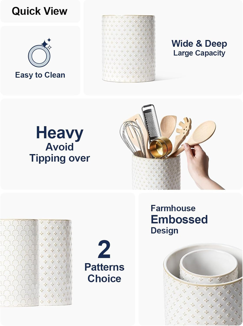 LE TAUCI Utensil Holder, 7.1" Ceramic Kitchen Utensil Holder for Counter top, Embossed Cooking Utensil Organizer for Spatula & Spoon, Kitchen Decor, Set of 1, Arctic White, Clover