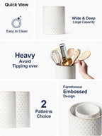 LE TAUCI Utensil Holder, 7.1" Ceramic Kitchen Utensil Holder for Counter top, Embossed Cooking Utensil Organizer for Spatula & Spoon, Kitchen Decor, Set of 1, Arctic White, Clover