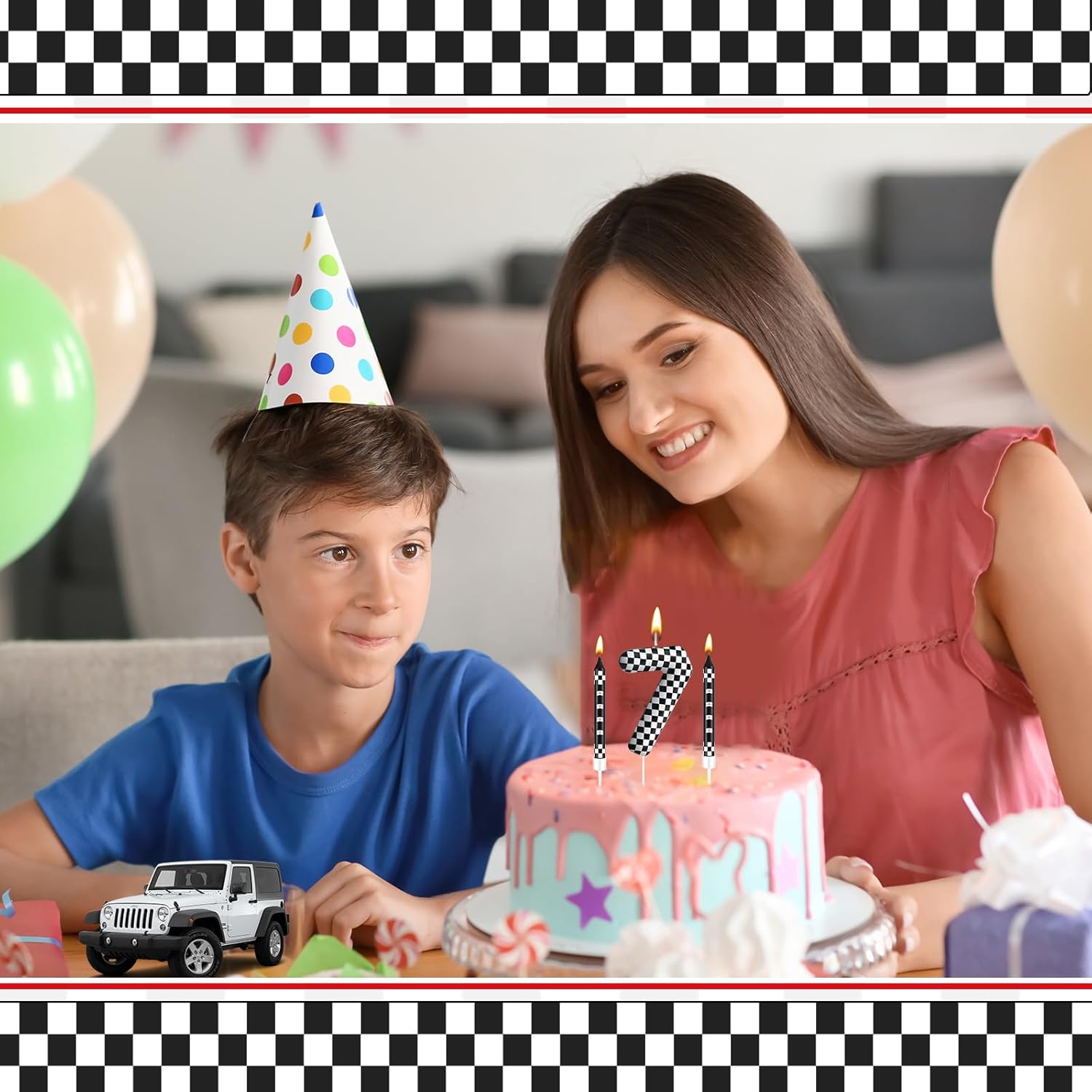 13 Pcs Racing Cars Themed Birthday Candles Black and White Race Number 7 Checkered Candle Cake Topper for Racing Car Party Decoration Supplies (Number 7)