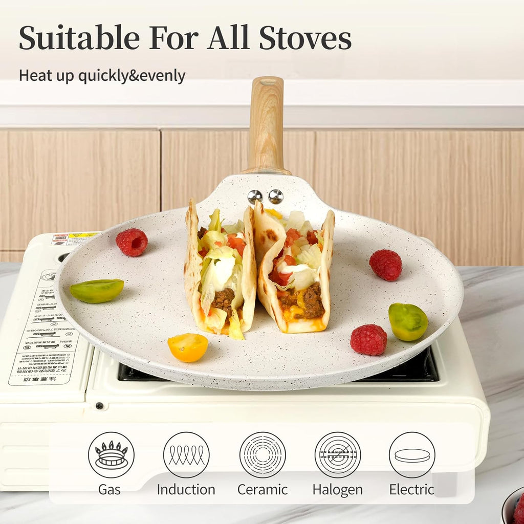 Nonstick Crepe Pan, Granite Coating Flat Skillet Dosa Tawa Tortilla Pan, 10 inch White Pancake Griddle Roti Pan With Stay-Cool Handle, Induction Compatible, PFOA Free