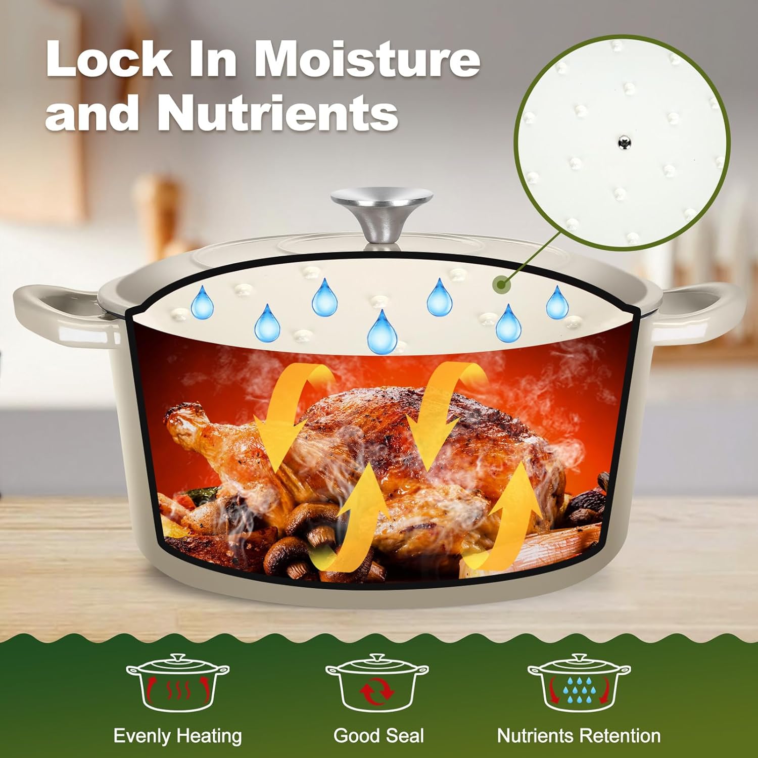 P&P CHEF 7QT Enameled Dutch Oven, Cast Iron Dutch Oven Pot with Lid for Bread Baking, Enameled Casserole Pot for Roasting Braising Stewing Frying Simmering, Various Stoves & Easy Clean, Khaki