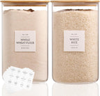 2 Pack large Square Glass Flour and Sugar Containers with 132 Kitchen Pantry Labels - Thicken 149 floz Glass Storage Jars with Airtight Bamboo Lid - Big Rice Canisters for Coffee, Pasta, Cereal