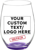 DISCOUNT PROMOS 100 ARC Stemless Wine Glasses Set, 21 oz. - Customizable Text, Logo - Chardonnay, Cabernet, Merlot, Sauvignon - Purple