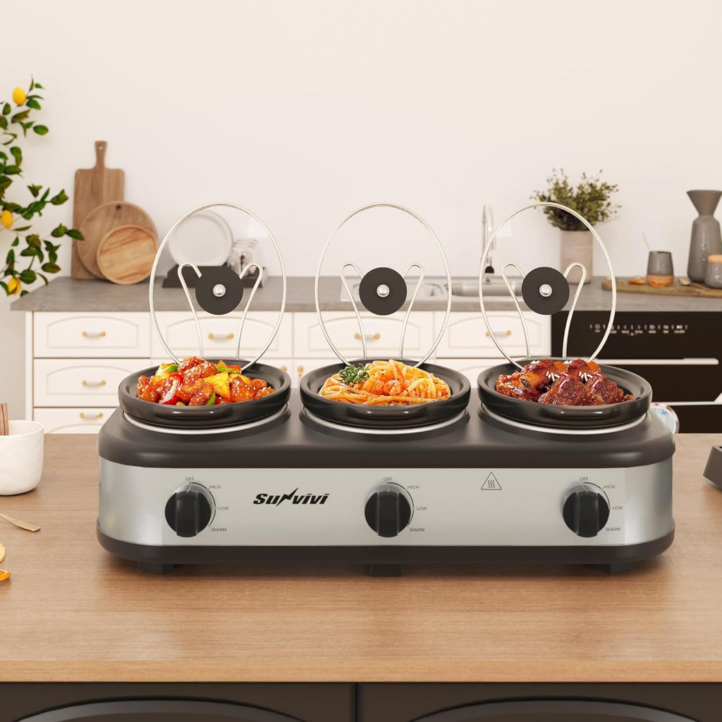 Sunvivi Triple Slow Cooker, Buffet Server and Food Warmer, Small Mini Pot with 3 Adjustable Temp & 3 Visible Glass Lids, for Parties, Holidays and Entertaining, Stainless Steel, 3 * 1.5 Quarts