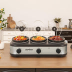 Sunvivi Triple Slow Cooker, Buffet Server and Food Warmer, Small Mini Pot with 3 Adjustable Temp & 3 Visible Glass Lids, for Parties, Holidays and Entertaining, Stainless Steel, 3 * 1.5 Quarts