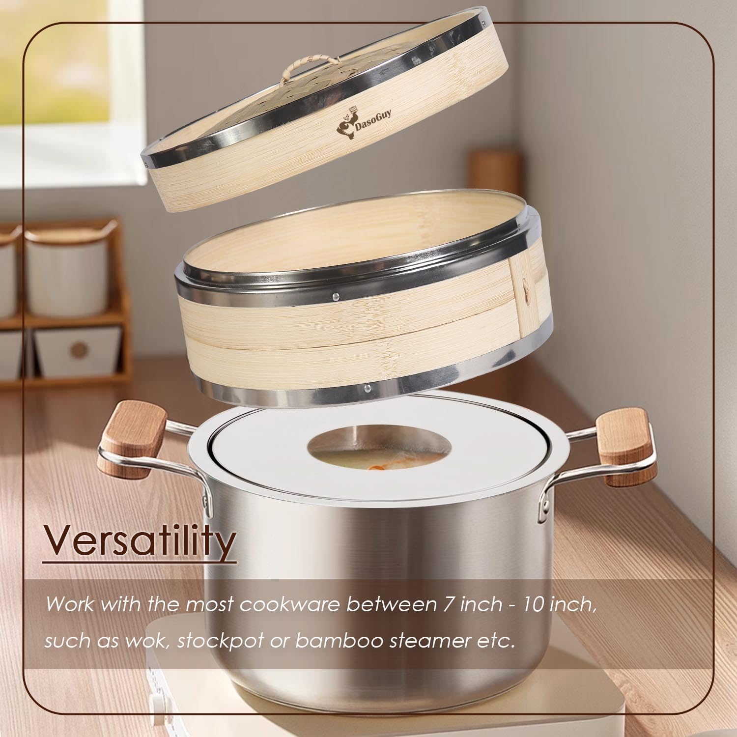 Stainless Steel Steamer Adapter, Fits 7 to 10 Inch Bamboo Steamer Basket, Steaming Ring for Asian Food, Cooking Dumpling, Dim Sum, Rice, Veggies, Vegetable, Chinese Steam Pot