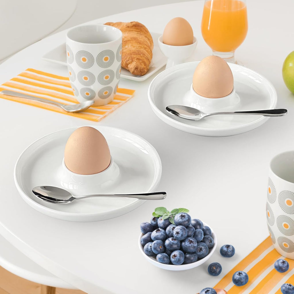 Cinf EggHolder & Spoon Set 2 Ceramic Egg Holders + 2 SS Spoons Breakfast Plate White 5.5'' Food Container Egg Tray Dinner Serving for Hard Boiled Eggs, Easter & Deserts Kitchen