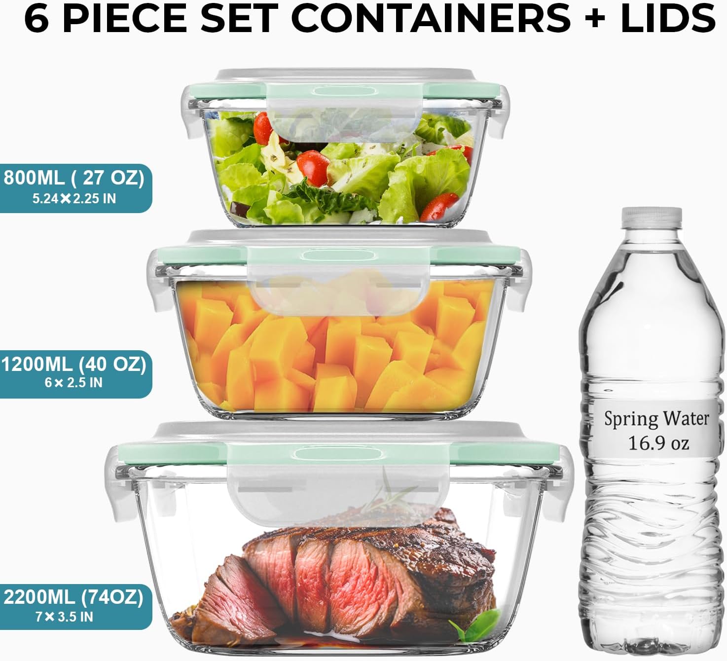 Razab 6 PC Square Glass Food Storage Containers with Airtight lids (74, 40 & 27 oz) Kitchen Glass Meal Prep Containers Set for Freezer Reusable Leftover Lunch Boxes, Oven, Microwave, Dishwasher Safe