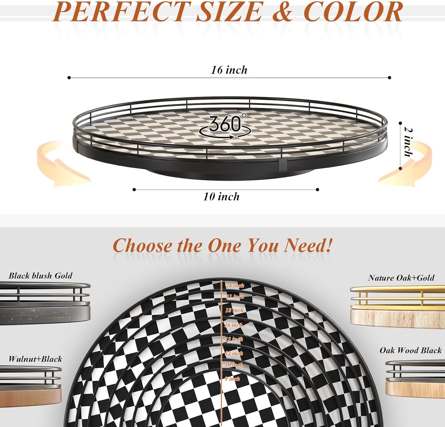 16" Black and White Kitchen Lazy Susan Turntable, Round Checkered Decorative Tray, Large Lazy Susan for Dining Table Centerpiece, Pantry, Kitchen, Bathroom, Countertop, Cupboard, Home Decor
