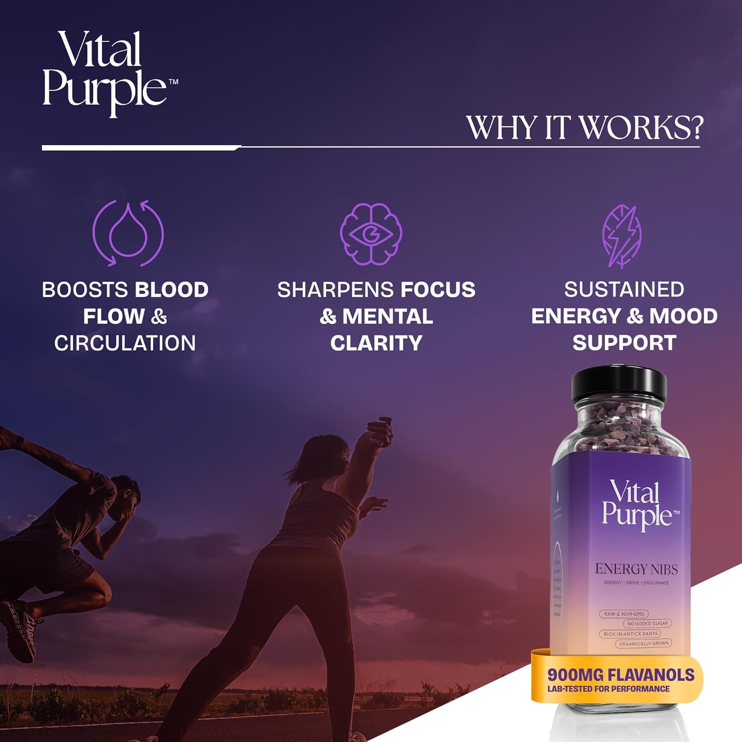 Vital Purple High Flavonal 100% Raw Cocoa Energy Nibs – 900mg Flavanols, Purple Cacao, Unroasted & Unfermented - Clean Fuel for Performance & Recovery (10 oz)