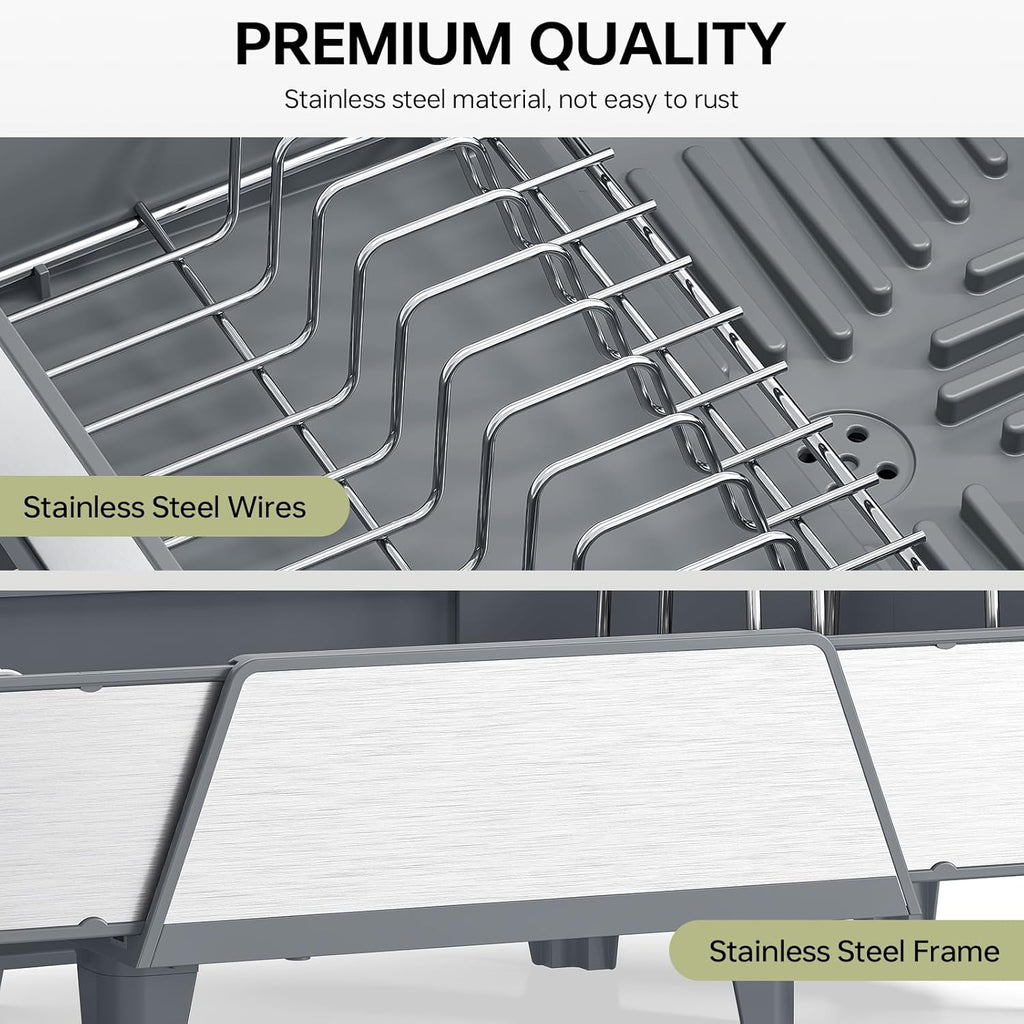 Triple Expandable Dish Drying Rack, Extra Large Dish Rack for Kitchen Counter, Stainless Steel Dish Drying Rack, Foldable Dishes Drainer, Extendable Dish Strainer with Utensil & Pans Holder, Gray