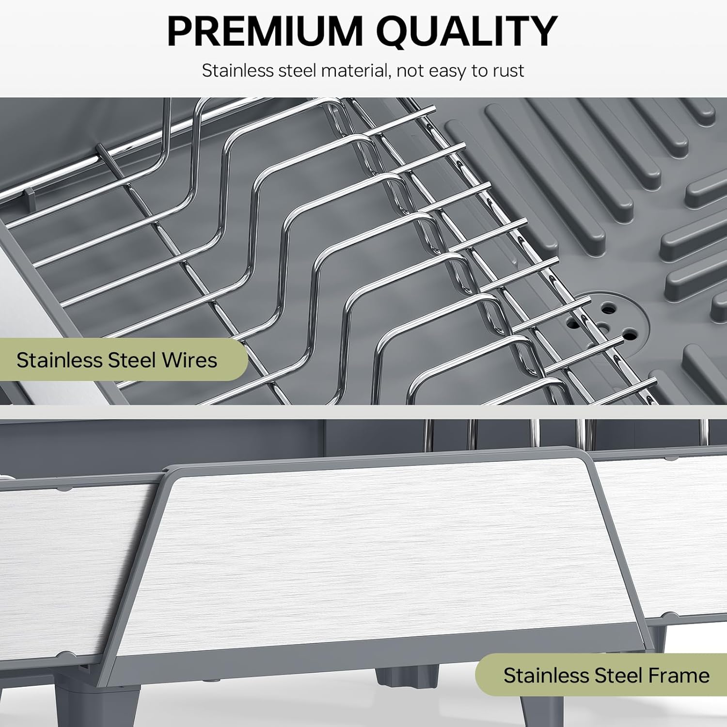 Triple Expandable Dish Drying Rack, Extra Large Dish Rack for Kitchen Counter, Stainless Steel Dish Drying Rack, Foldable Dishes Drainer, Extendable Dish Strainer with Utensil & Pans Holder, Gray
