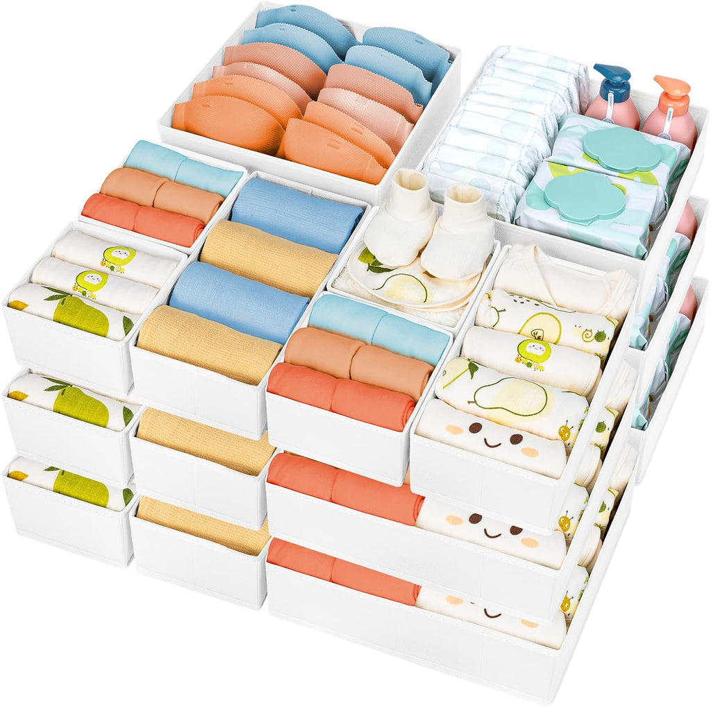 DIMJ Drawer Organizer Clothes, 18 Pack Dresser Organizer, Foldable Closet Organizers and Storage, Fabric Bins, Drawer Dividers for Nursery, Baby Clothes, Underwears, Sock (White)