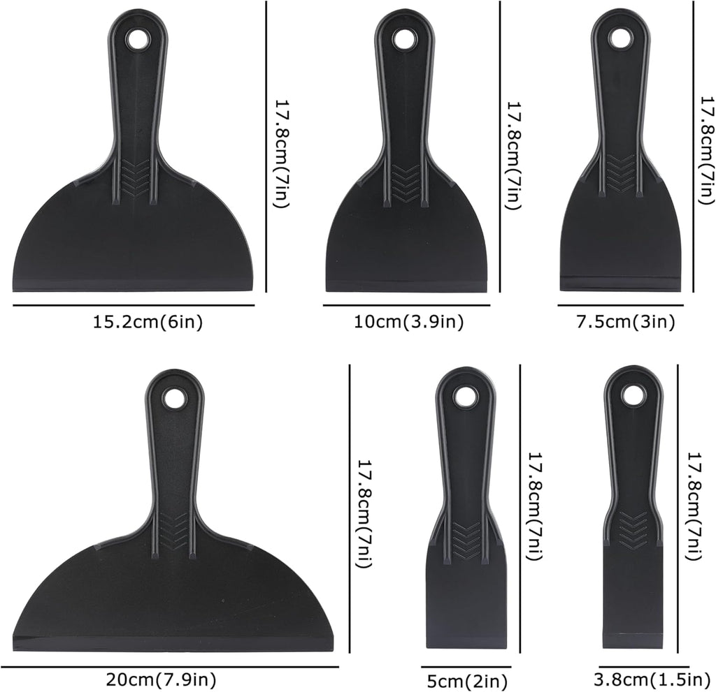 6 Pack Plastic Putty Knife, Durable Plastic Scraper Tool with No-Slip Grip for Spackle, Spreader, Non Scratch and Easy Cleaning Spackle Knife, Putty Knife Set, Black