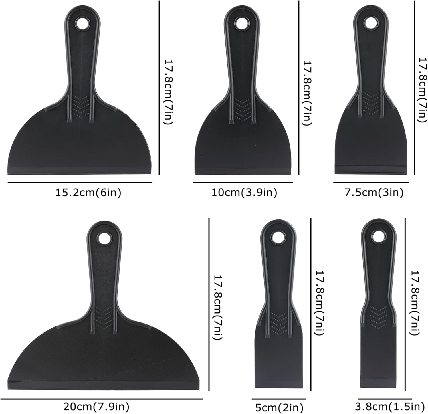 6 Pack Plastic Putty Knife, Durable Plastic Scraper Tool with No-Slip Grip for Spackle, Spreader, Non Scratch and Easy Cleaning Spackle Knife, Putty Knife Set, Black