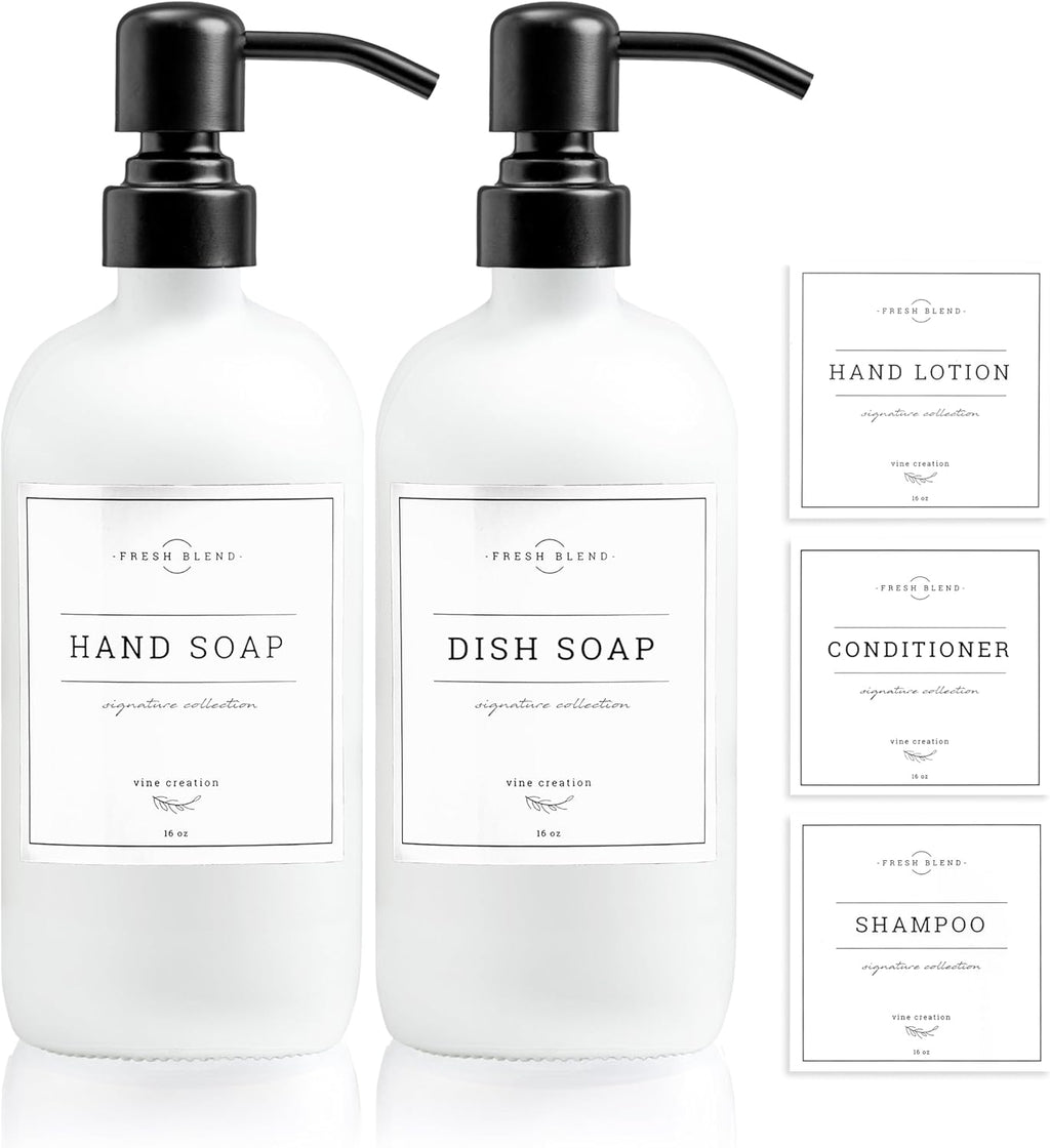 Vine Creations White Glass Soap Dispenser, 2 Pack Kitchen Soap Dispenser Set with Stainless Steel Pump, 16 oz Dish Soap and Hand Soap Dispensers for Bathroom with Waterproof Labels