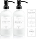 Vine Creations White Glass Soap Dispenser, 2 Pack Kitchen Soap Dispenser Set with Stainless Steel Pump, 16 oz Dish Soap and Hand Soap Dispensers for Bathroom with Waterproof Labels