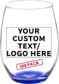 DISCOUNT PROMOS 100 ARC Stemless Wine Glasses Set, 21 oz. - Customizable Text, Logo - Chardonnay, Cabernet, Merlot, Sauvignon - Blue
