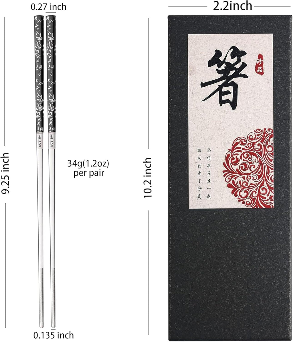 Stainless Steel Chopsticks 2 Pairs: Metal Titanium Plated Chopstick Set,Dishwasher Safe,Non-Slip,Laser Engraved,Gift Box Packaging,Japanese Chinese Korean chop Sticks for Cooking Eating