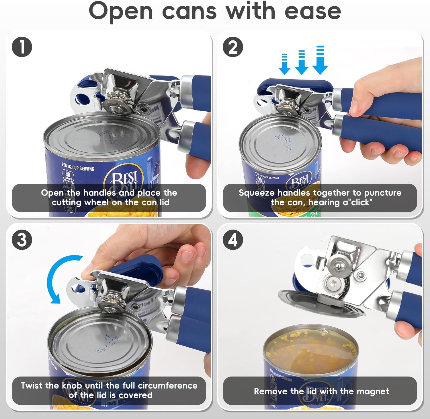 Can Opener Manual, UHIYEE Hand Held Manual Can Openers Heavy Duty with Smoother Cut Sharp Blade, Manual Hand Can Open with Soft Handle, Easy to Turn Knob, Magnetic Lid Lifter, Blue