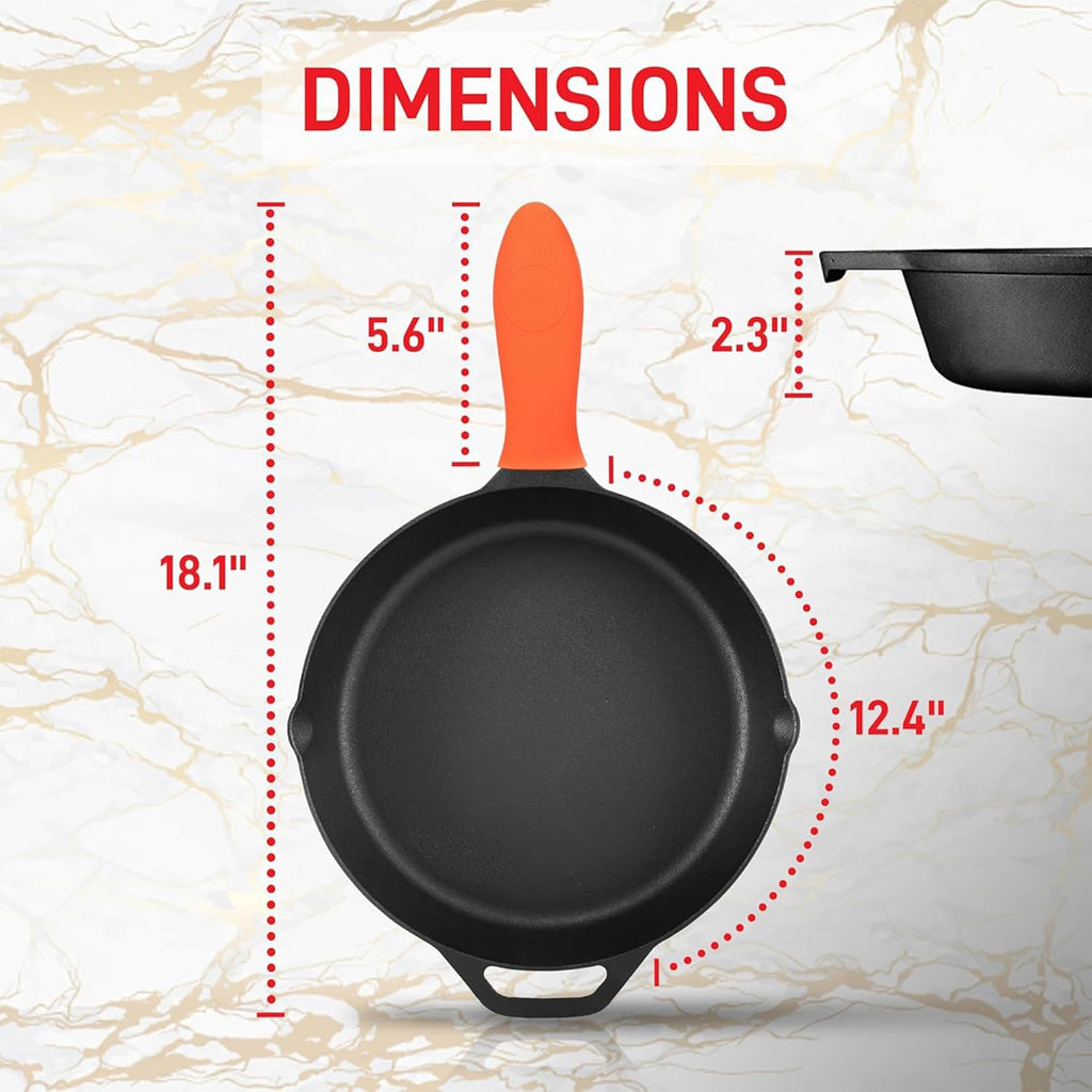 NutriChef 12-Inch Cast Iron Skillet w/Lid - Pre-Seasoned, Oven Safe, Nonstick, Cool-Touch Silicone Handle, For All Cooktops - NCCI12