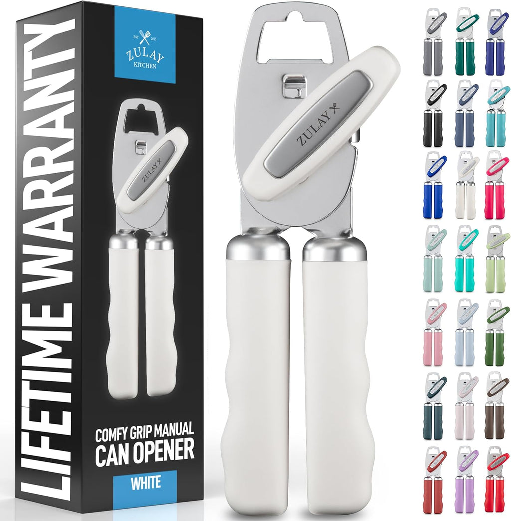 Zulay Kitchen Heavy Duty Stainless Steel Can Opener Manual with Bottle Opener - Rust Proof Manual Can Opener With Turn Knob & Soft Grip Handles