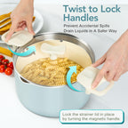 MICHELANGELO Pasta Pot with Strainer Lid - 6 Quart Cooking Pot with Lid, Non Stick Spaghetti Pot Ceramic Coated with Twist and Lock Handles for Easy Draining, Induction Compatible, Soft Aqua