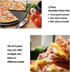13 Inch Pizza Pan for Oven (2 Pack) Round Pizza Pan with Holes - Non-Stick Carbon Steel Pizza Tray with Silicone Handles - for Cooking, Baking, and Grilling - Dishwasher Safe