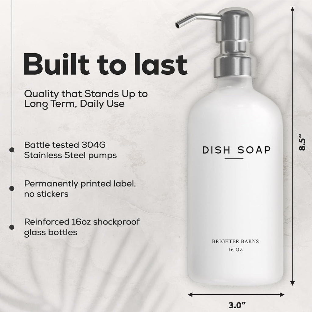 White Glass Hand and Dish Soap Dispenser Set by Brighter Barns - Modern Kitchen Soap Dispenser Set & Pump for Sink - Farmhouse Home Decor, Minimalist Kitchen Accessories (White)