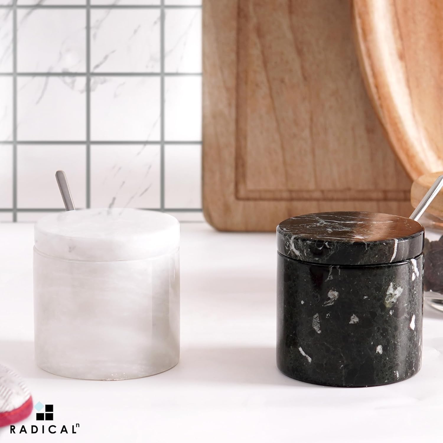 Radicaln Marble Salt Cellar With Lid and Tray 3" Inch Black and White Salt Container, Set of 2 Seasoning Jars, Spice Storage Container and Salt Bowl for Kitchen Countertop