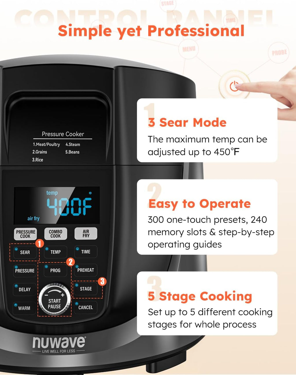 Nuwave Duet Air Fryer and Electric Pressure Cooker Combo with 2 Switchable Lids, 300 FoolProof One-Touch Presets, Crisp&Tender Tech, 6QT Heavy-duty Stainless Steel Pot, 15+ Safety Features