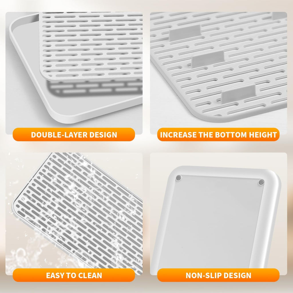 Plastics Drain Tray, Cup & Dish Drying Rack, Drain Board 2 Tier Non Slip Serving Tray with Drainboard Perfect for Sink, Coffee Table, Outdoor (15.4 x 10 x 0.98 in)