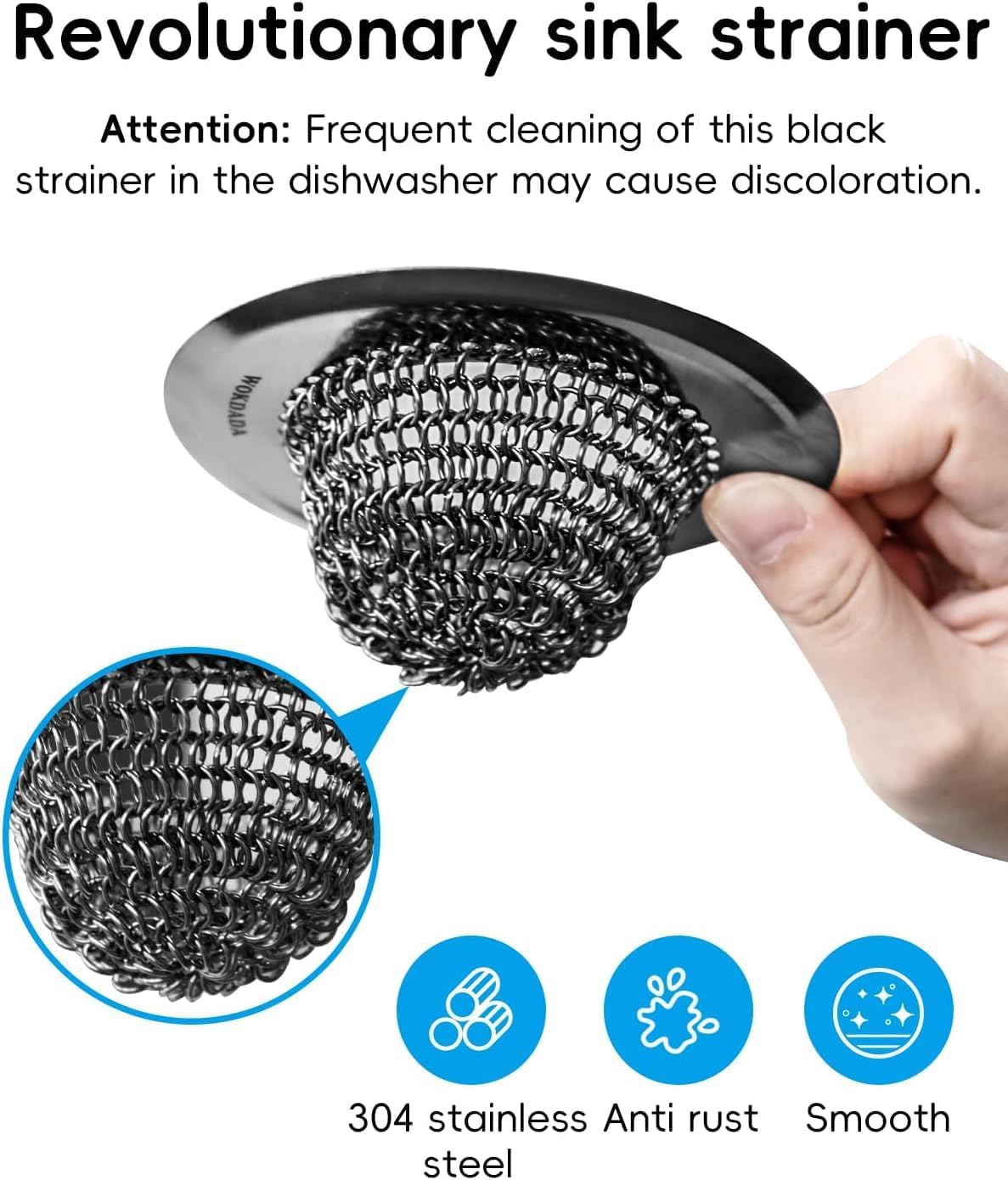 Sink Drain Strainer (Black): Flexible Anti-Slip Chainlink, 304 Stainless Steel. Upgraded Clog-Free, Easy-Clean Catcher for Kitchen Garbage Disposal