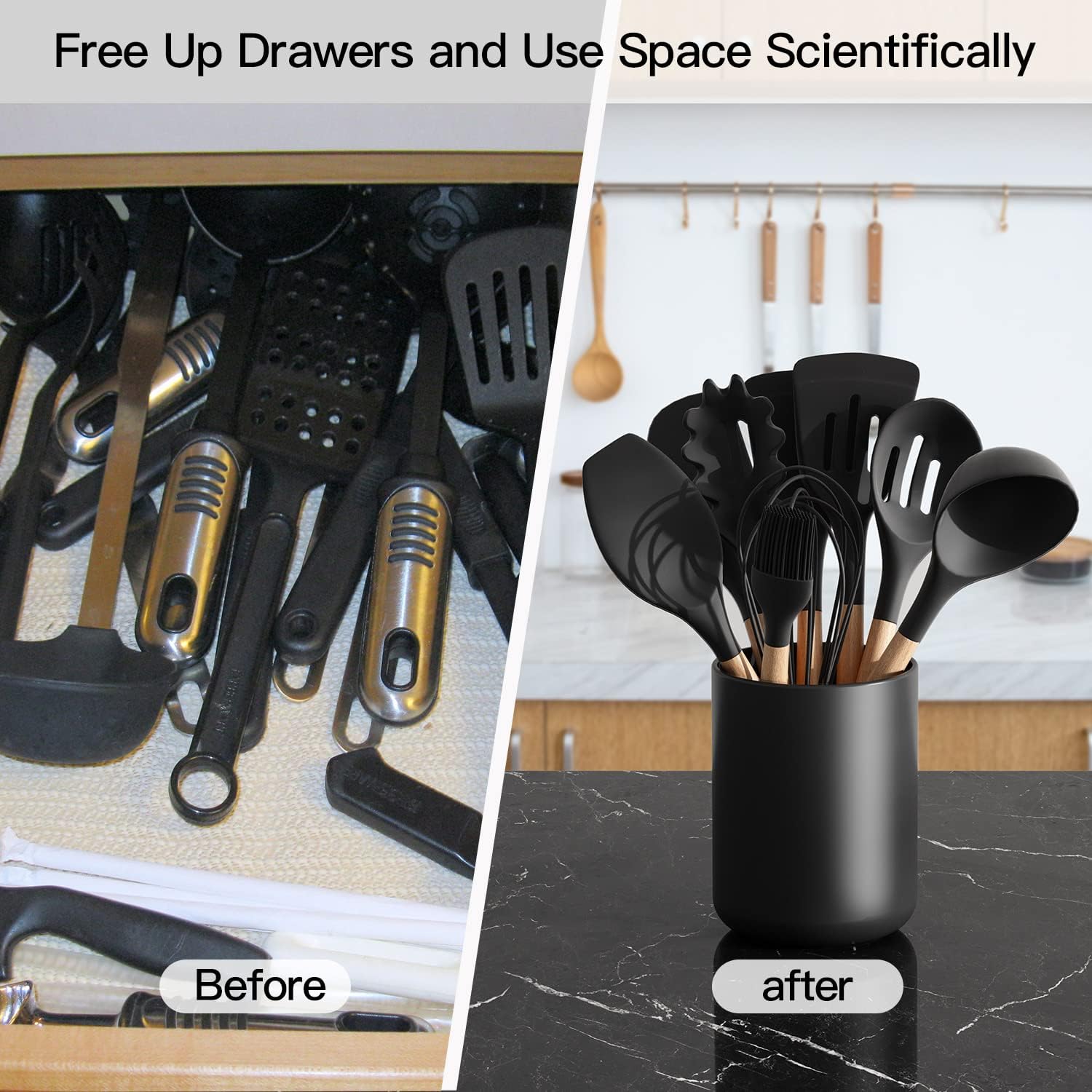 Black Kitchen Utensil Holder for Countertop, Large 7.2 Matte Ceramic Cooking Utensil Crock for Counter Easy to Clean, Modern Spatula Holder for Farmhouse Décor 7.2×5.8 INCH