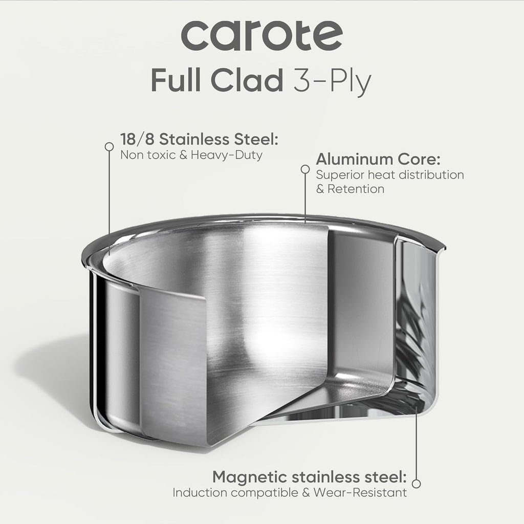 CAROTE Stainless Steel Sauce Pan with Detachable Handle, 1.5QT&2QT&3QT 8pcs Saucepan with Lid, Stainless Steel Pot, Nonstick Induction Kitchen Cookware, Removable Handle, Oven Safe, Woodgrain