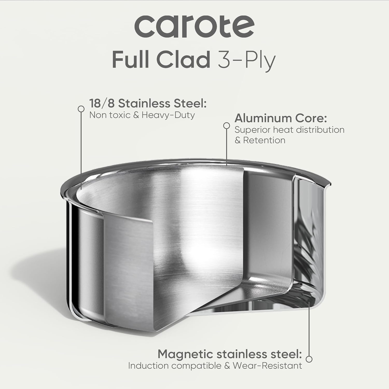 CAROTE Stainless Steel Sauce Pan with Detachable Handle, 1.5QT&2QT&3QT 8pcs Saucepan with Lid, Stainless Steel Pot, Nonstick Induction Kitchen Cookware, Removable Handle, Oven Safe, Woodgrain