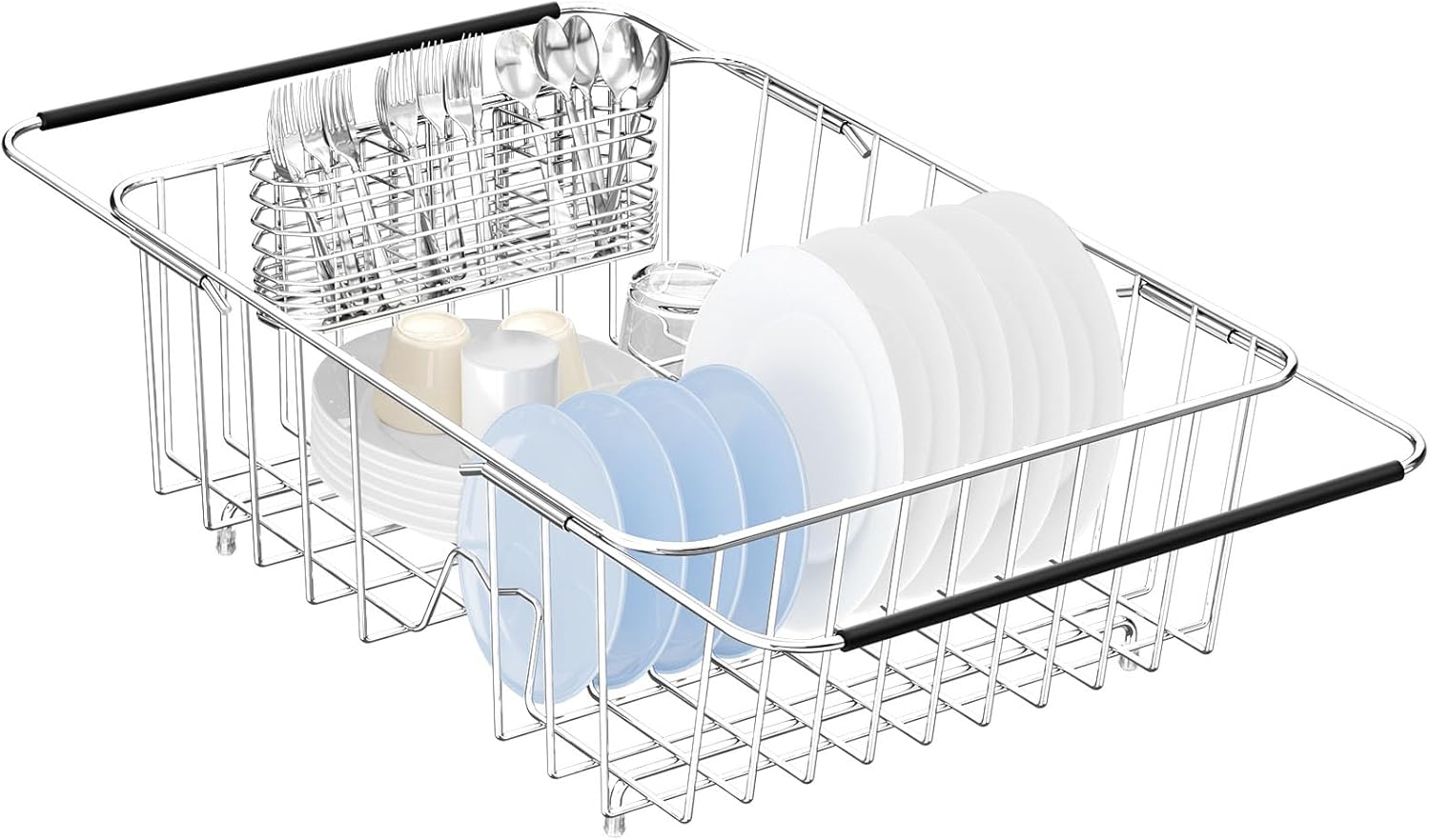 Large Dish Drying Rack in Sink Expandable, Adjustable304 Stainless Steel Metal Dish DrainerRack Organizer with Stainless Steel Utensil Holder Over Inside Sink Counter, Rustproof