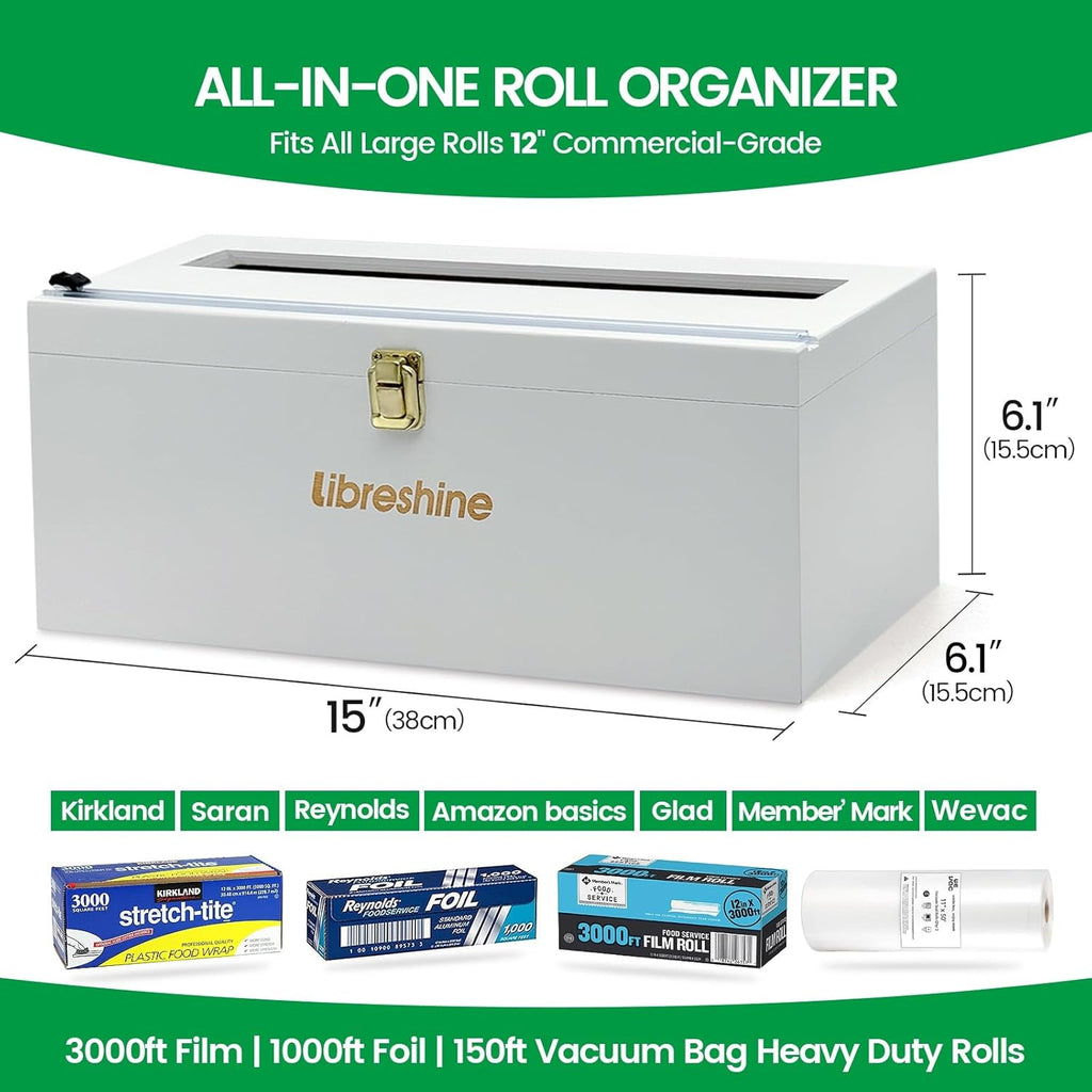 12" White Commercial Foil & Plastic Wrap Dispenser Organizer w/Cutter & Roller - Heavy-Duty XL Holder Fits 3000ft Film, 1000ft Foil Rolls, Costco-Sized - Kitchen, Restaurant Storage