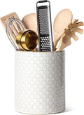 LE TAUCI Utensil Holder, 7.1" Ceramic Kitchen Utensil Holder for Counter top, Embossed Cooking Utensil Organizer for Spatula & Spoon, Kitchen Decor, Set of 1, Arctic White,Fireworks