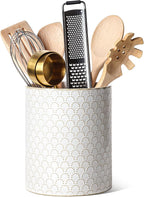 LE TAUCI Utensil Holder, 7.1" Ceramic Kitchen Utensil Holder for Counter top, Embossed Cooking Utensil Organizer for Spatula & Spoon, Kitchen Decor, Set of 1, Arctic White,Fireworks