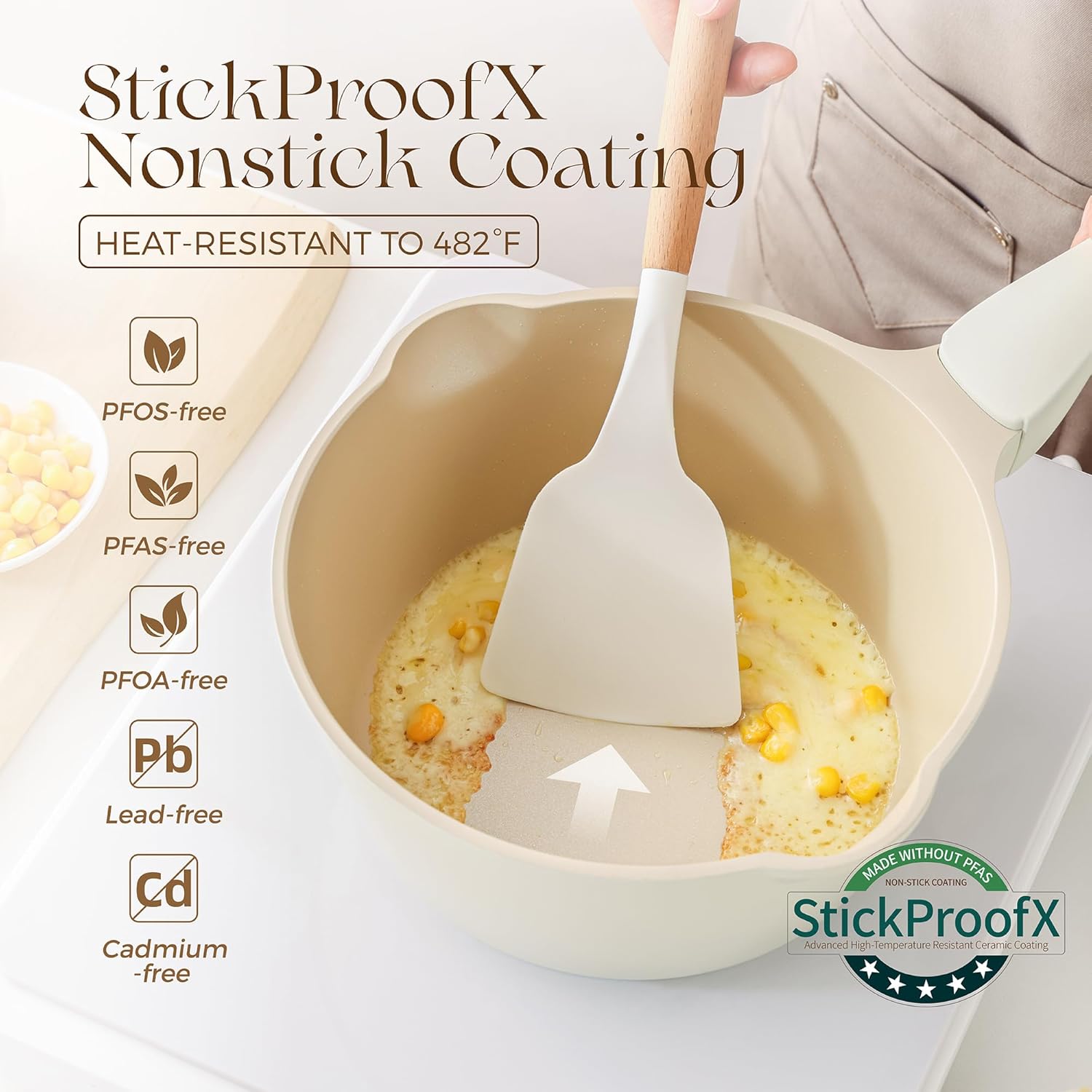 PRICUSIS Ceramic Nonstick Saucepan with Lid, 2 Quart Non Toxic Pot with Pour Spouts, Full Coated, 100% Dishwasher Safe, Induction Compatible & Oven Safe, PTFE PFAS & PFOA Free, Coconut White