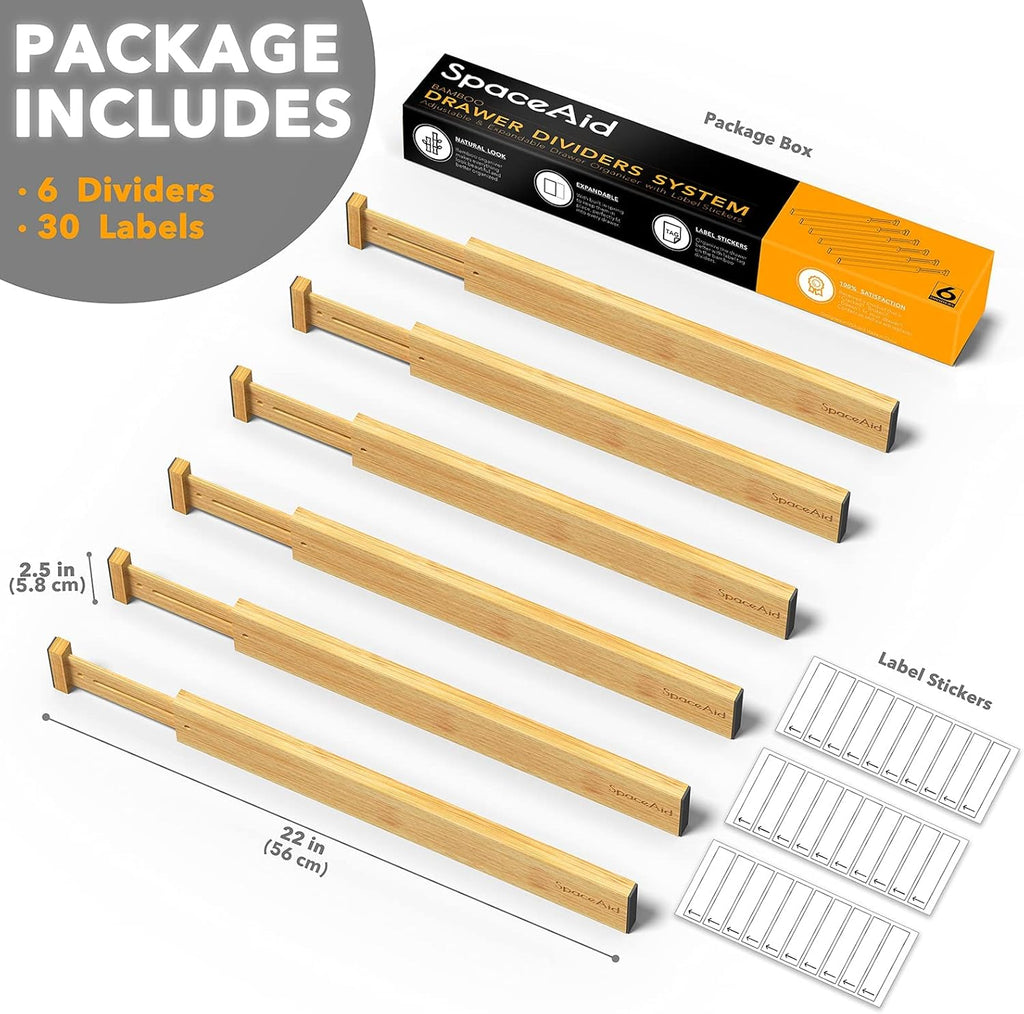 SpaceAid Bamboo Drawer Dividers with Labels, Kitchen Adjustable Drawer Organizers, Expandable Organization for Home, Office, Dressers and Bathroom, 6 Dividers (17-22 in)