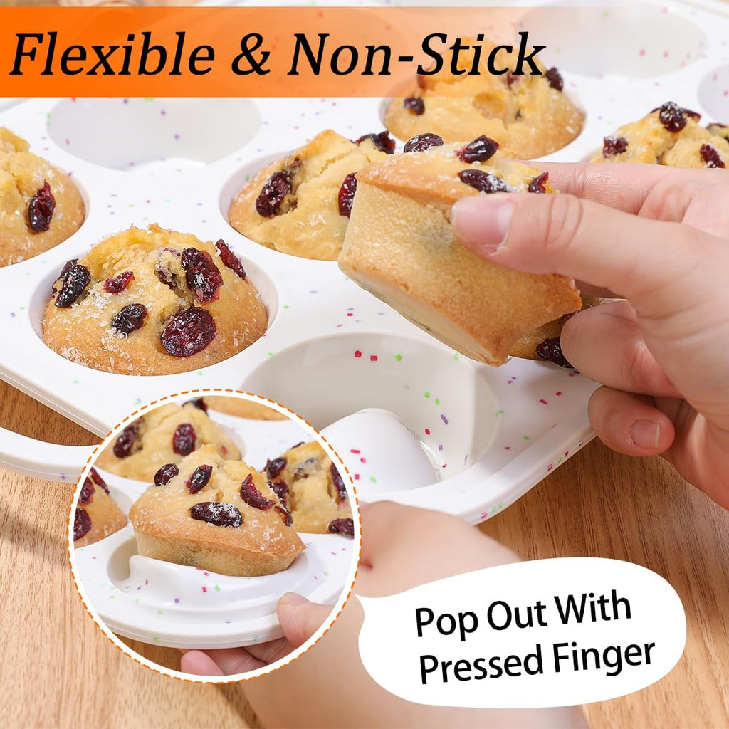 Silicone Muffin Pan, Metal Reinforced Frame Regular Size 2.8 Inch Cupcake Pan with Handle 12 Cups Nonstick Muffin Tray for Baking BPA Free 1 Pack Confetti