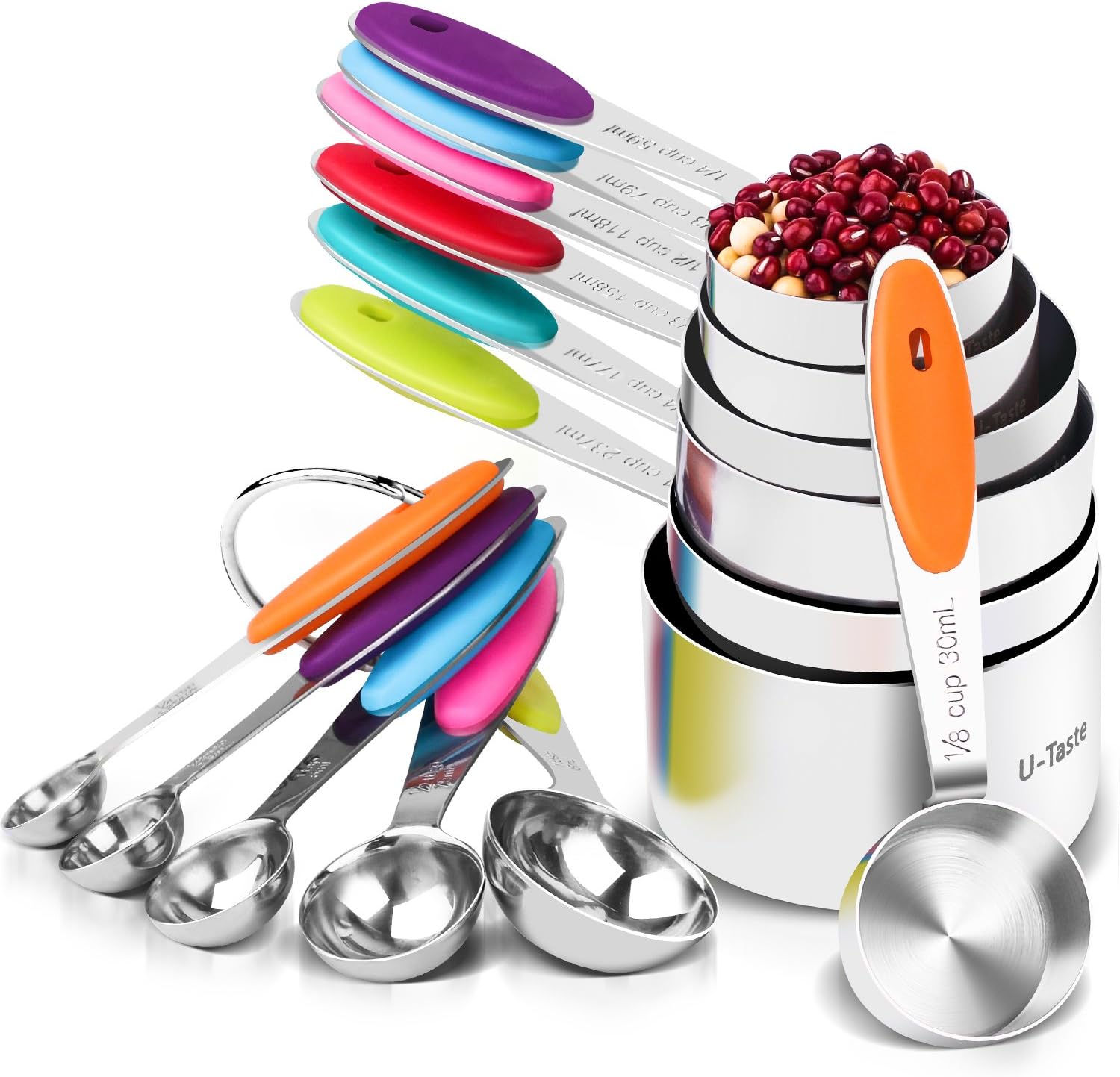 U-Taste 12 Piece Measuring Cups and Spoons Set in 18/8 Stainless Steel : 7 Measuring Cups & 5 Measuring Spoons