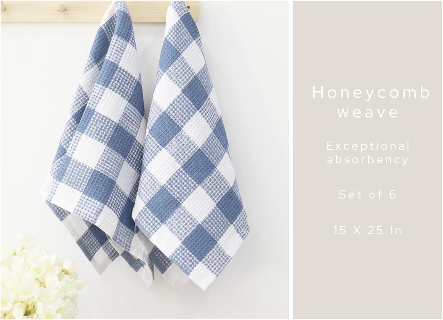 PurpleEssences 100% Cotton Waffle Weave Check Plaid Kitchen Towels, Super Soft and Absorbent Dish Towels for Drying Dishes 15 x 25-6 Pack - Spring Summer - Smoky Grey and White
